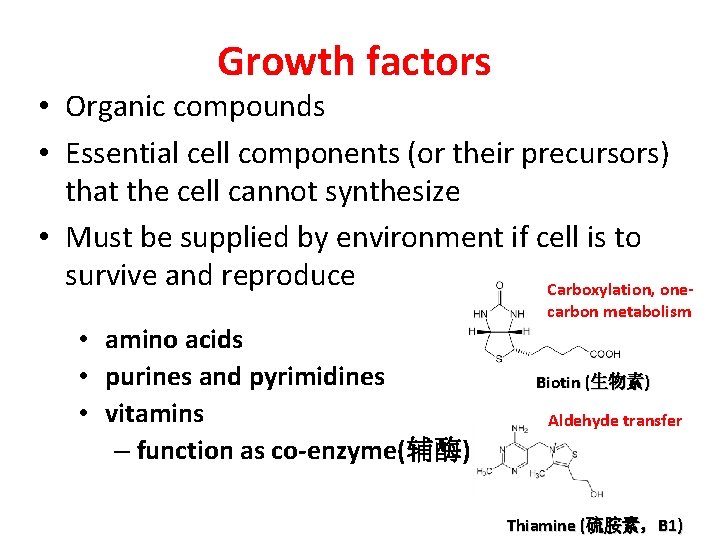 Growth factors • Organic compounds • Essential cell components (or their precursors) that the