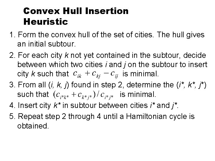 Convex Hull Insertion Heuristic 1. Form the convex hull of the set of cities.