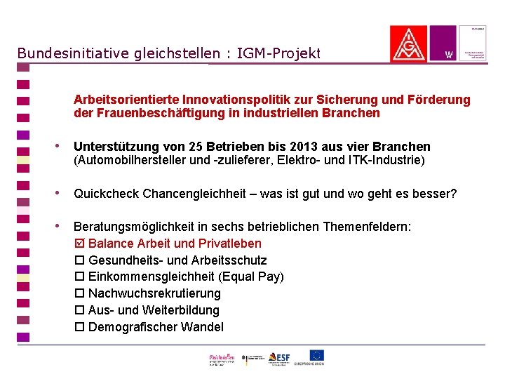 Bundesinitiative gleichstellen : IGM-Projekt Arbeitsorientierte Innovationspolitik zur Sicherung und Förderung der Frauenbeschäftigung in industriellen