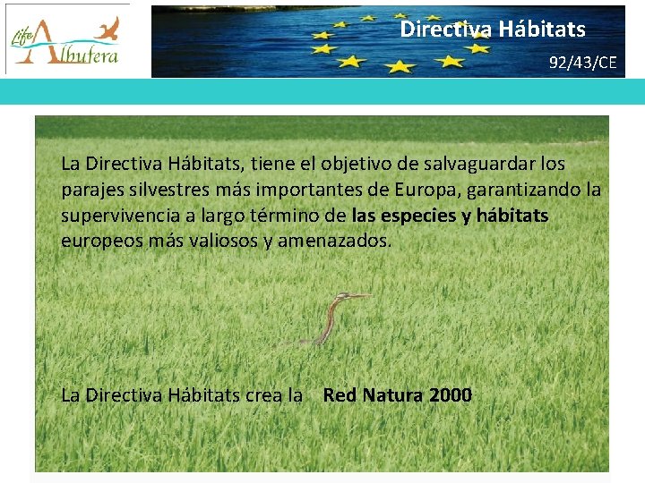 Directiva Hábitats 92/43/CEE 92/43/CE La Directiva Hábitats, tiene el objetivo de salvaguardar los parajes
