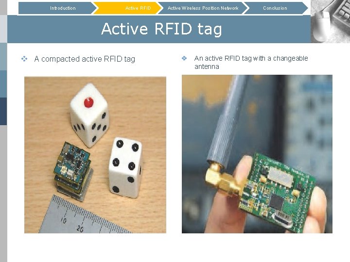 Introduction Active. RFID Active Wireless Position Network Conclusion Active RFID tag v A compacted