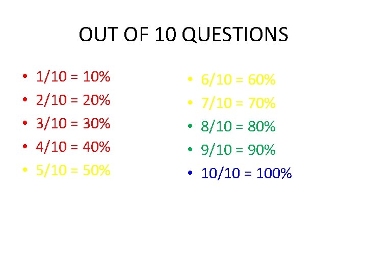 OUT OF 10 QUESTIONS • • • 1/10 = 10% 2/10 = 20% 3/10