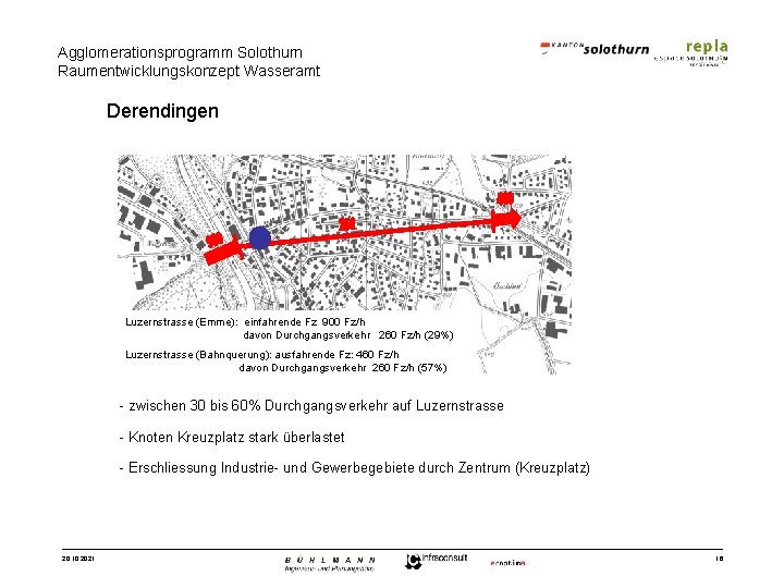 Agglomerationsprogramm Solothurn Raumentwicklungskonzept Wasseramt Derendingen Luzernstrasse (Emme): einfahrende Fz 900 Fz/h davon Durchgangsverkehr 260