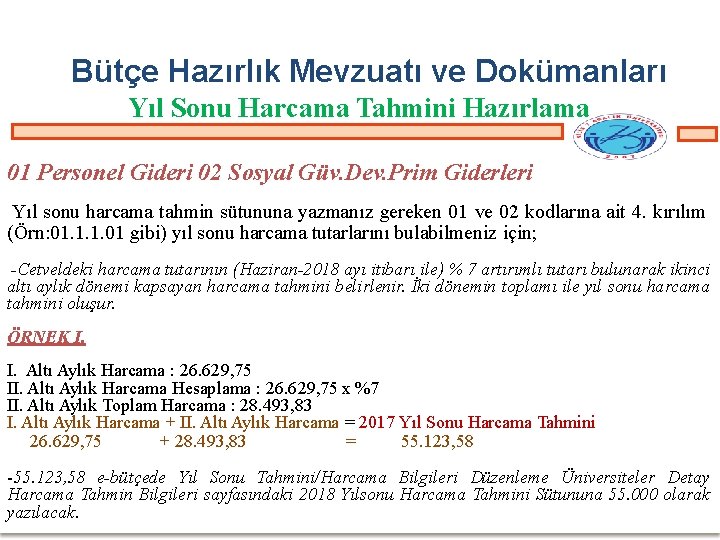 Bütçe Hazırlık Mevzuatı ve Dokümanları Yıl Sonu Harcama Tahmini Hazırlama 01 Personel Gideri 02