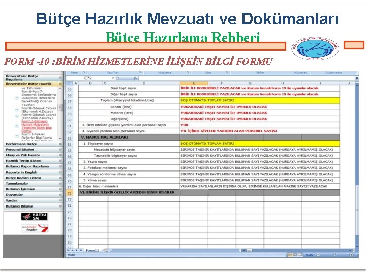 Bütçe Hazırlık Mevzuatı ve Dokümanları Bütçe Hazırlama Rehberi FORM -10 : BİRİM HİZMETLERİNE İLİŞKİN