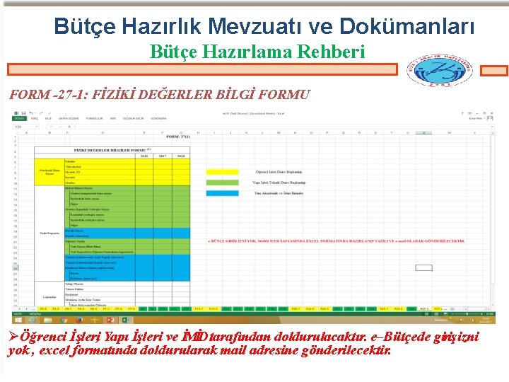 Bütçe Hazırlık Mevzuatı ve Dokümanları Bütçe Hazırlama Rehberi FORM -27 -1: FİZİKİ DEĞERLER BİLGİ