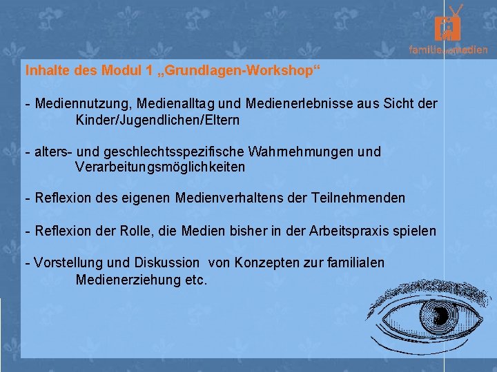 Inhalte des Modul 1 „Grundlagen-Workshop“ - Mediennutzung, Medienalltag und Medienerlebnisse aus Sicht der Kinder/Jugendlichen/Eltern