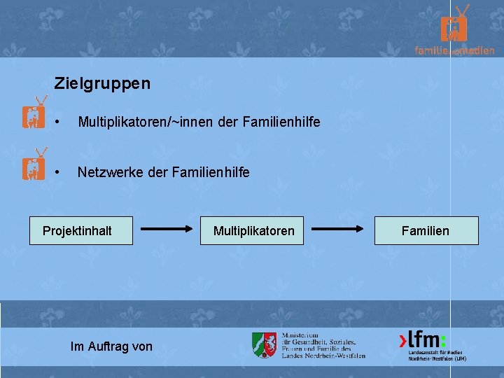 Zielgruppen • Multiplikatoren/~innen der Familienhilfe • Netzwerke der Familienhilfe Projektinhalt Im Auftrag von Multiplikatoren