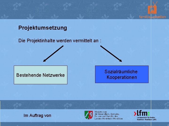 Projektumsetzung Die Projektinhalte werden vermittelt an : Bestehende Netzwerke Im Auftrag von Sozialräumliche Kooperationen