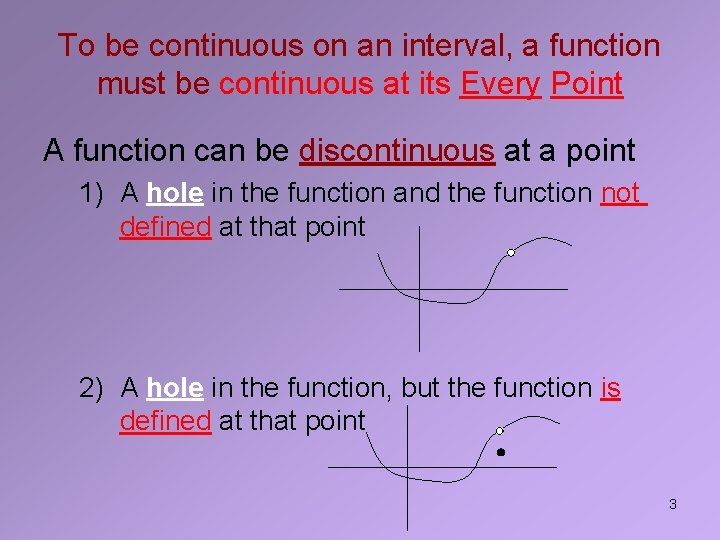 To be continuous on an interval, a function must be continuous at its Every