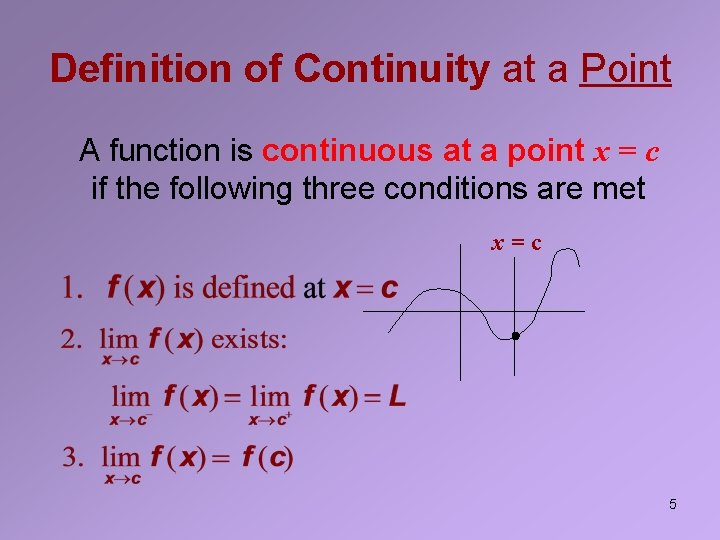 Definition of Continuity at a Point A function is continuous at a point x