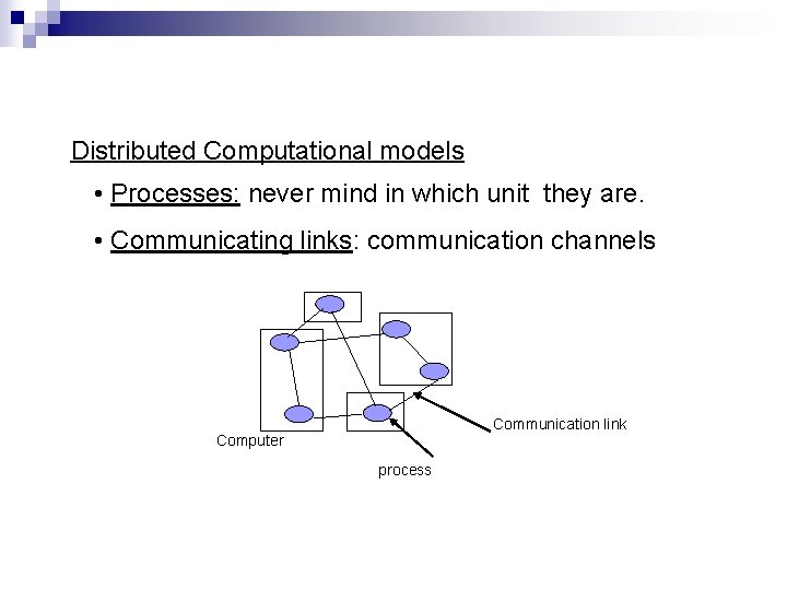 Distributed Computational models • Processes: never mind in which unit they are. • Communicating