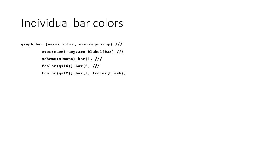 Individual bar colors graph bar (asis) inter, over(agegroup) /// over(race) asyvars blabel(bar) /// scheme(s