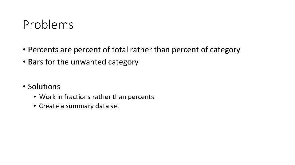Problems • Percents are percent of total rather than percent of category • Bars
