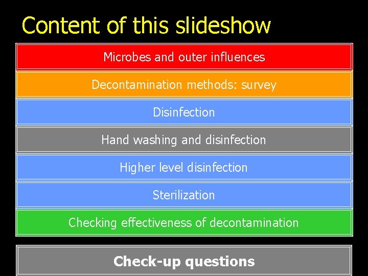 Content of this slideshow Microbes and outer influences Decontamination methods: survey Disinfection Hand washing