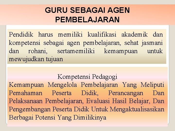 GURU SEBAGAI AGEN PEMBELAJARAN Pendidik harus memiliki kualifikasi akademik dan kompetensi sebagai agen pembelajaran,