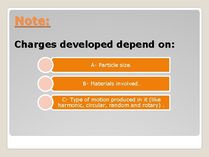 Note: Charges developed depend on: A- Particle size. B- Materials involved. C- Type of