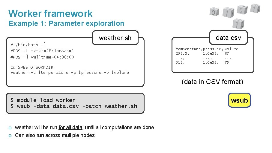 Worker framework Example 1: Parameter exploration weather. sh #!/bin/bash –l #PBS –L tasks=28: lprocs=1