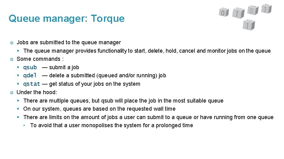 Queue manager: Torque Jobs are submitted to the queue manager § The queue manager