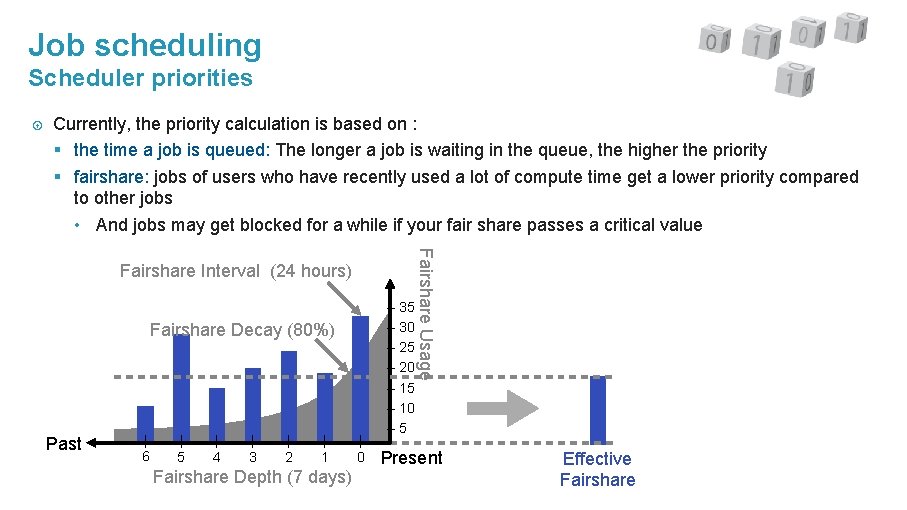 Job scheduling Scheduler priorities Currently, the priority calculation is based on : § the