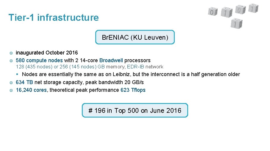 Tier-1 infrastructure Br. ENIAC (KU Leuven) inaugurated October 2016 580 compute nodes with 2