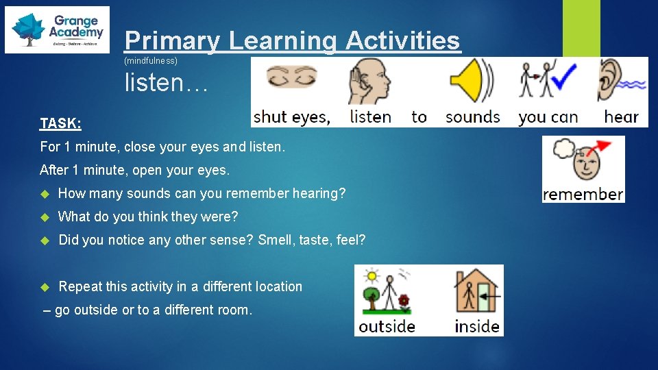 Primary Learning Activities (mindfulness) listen… TASK: For 1 minute, close your eyes and listen.