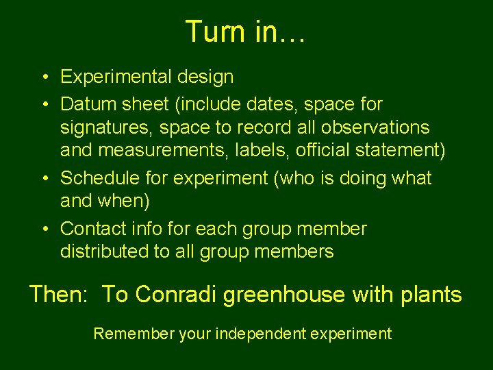 Turn in… • Experimental design • Datum sheet (include dates, space for signatures, space