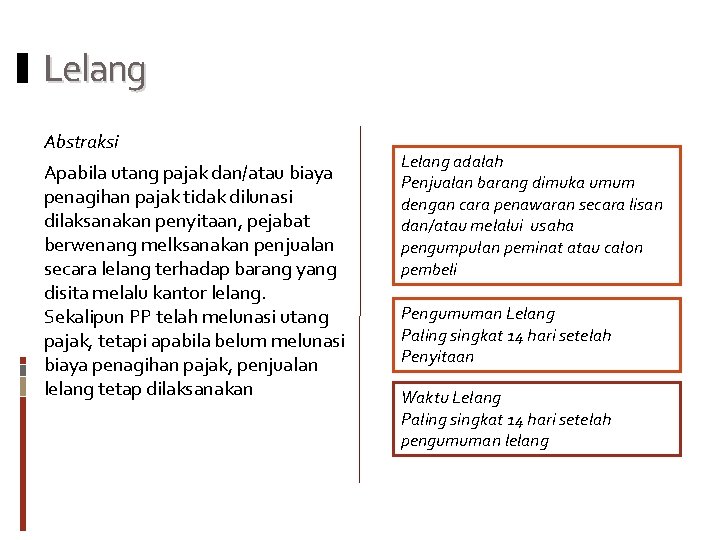 Lelang Abstraksi Apabila utang pajak dan/atau biaya penagihan pajak tidak dilunasi dilaksanakan penyitaan, pejabat