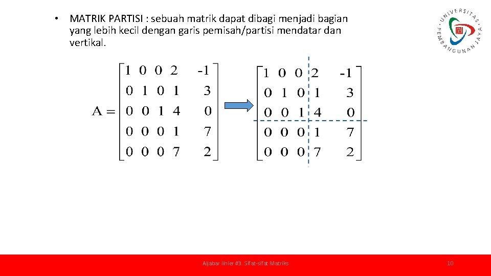  • MATRIK PARTISI : sebuah matrik dapat dibagi menjadi bagian yang lebih kecil