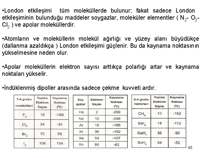  • London etkileşimi tüm moleküllerde bulunur; fakat sadece London etkileşiminin bulunduğu maddeler soygazlar,