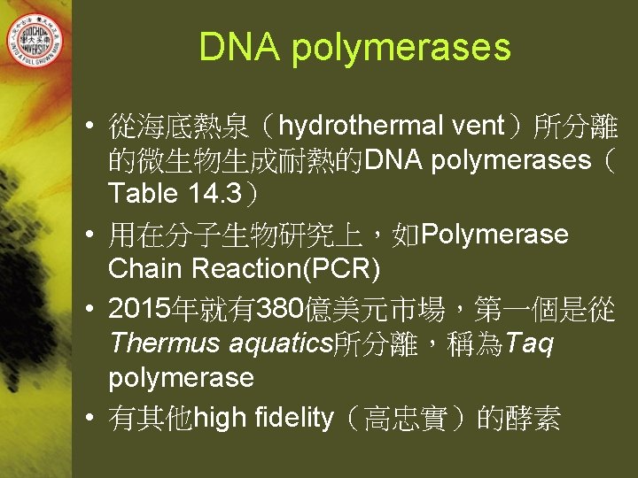DNA polymerases • 從海底熱泉（hydrothermal vent）所分離 的微生物生成耐熱的DNA polymerases（ Table 14. 3） • 用在分子生物研究上，如Polymerase Chain Reaction(PCR)