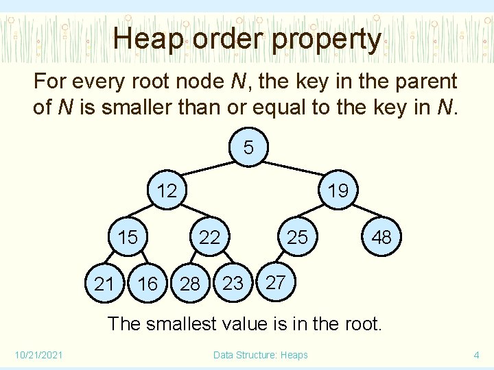 Heap order property For every root node N, the key in the parent of