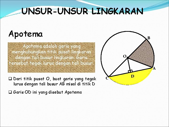 UNSUR-UNSUR LINGKARAN Apotema B Apotema adalah garis yang menghubungkan titik pusat lingkaran dengan tali