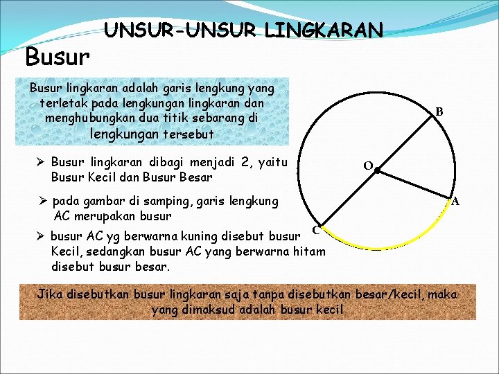 Busur UNSUR-UNSUR LINGKARAN Busur lingkaran adalah garis lengkung yang terletak pada lengkungan lingkaran dan