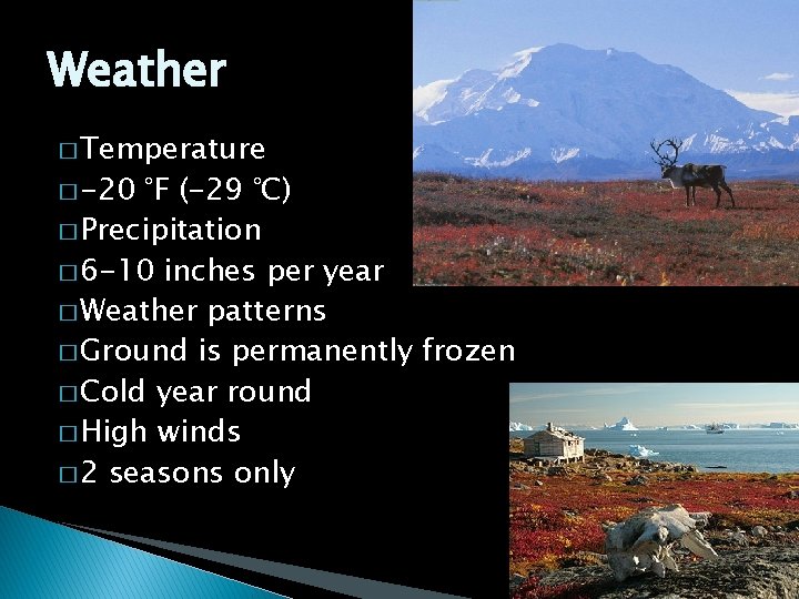Weather � Temperature � -20 °F (-29 °C) � Precipitation � 6 -10 inches