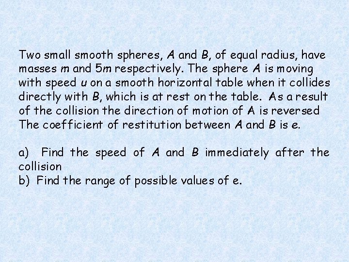 Two small smooth spheres, A and B, of equal radius, have masses m and