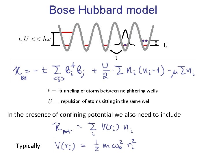 Bose Hubbard model U t tunneling of atoms between neighboring wells repulsion of atoms