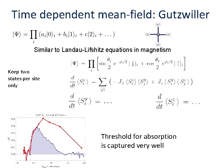 Time dependent mean-field: Gutzwiller Similar to Landau-Lifshitz equations in magnetism Keep two states per