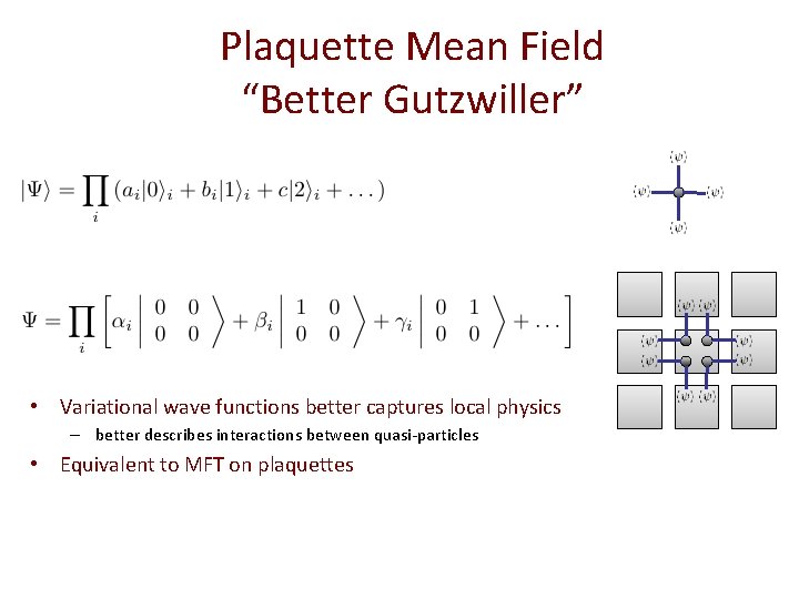 Plaquette Mean Field “Better Gutzwiller” • Variational wave functions better captures local physics –