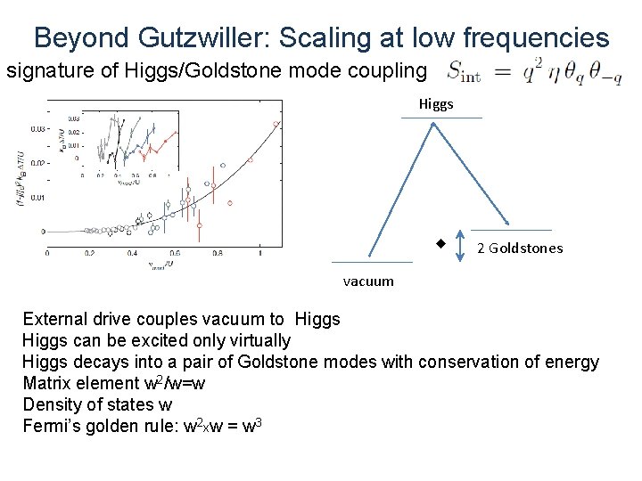 Beyond Gutzwiller: Scaling at low frequencies signature of Higgs/Goldstone mode coupling Higgs w 2