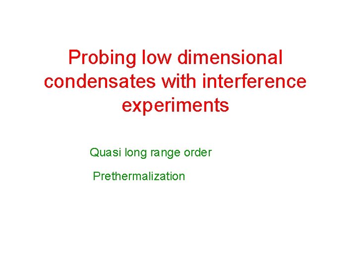 Probing low dimensional condensates with interference experiments Quasi long range order Prethermalization 