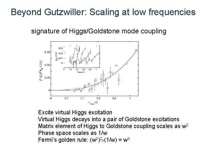 Beyond Gutzwiller: Scaling at low frequencies signature of Higgs/Goldstone mode coupling Excite virtual Higgs