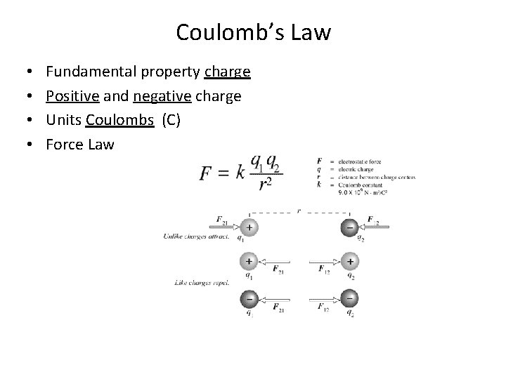 Coulomb’s Law • • Fundamental property charge Positive and negative charge Units Coulombs (C)