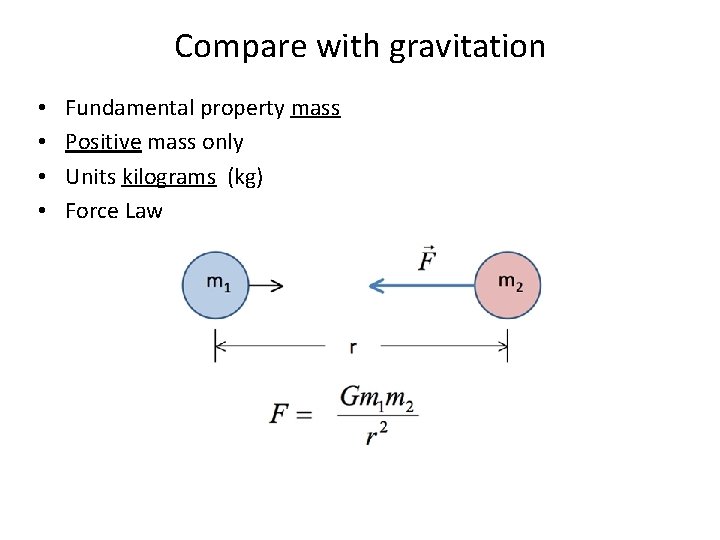 Compare with gravitation • • Fundamental property mass Positive mass only Units kilograms (kg)