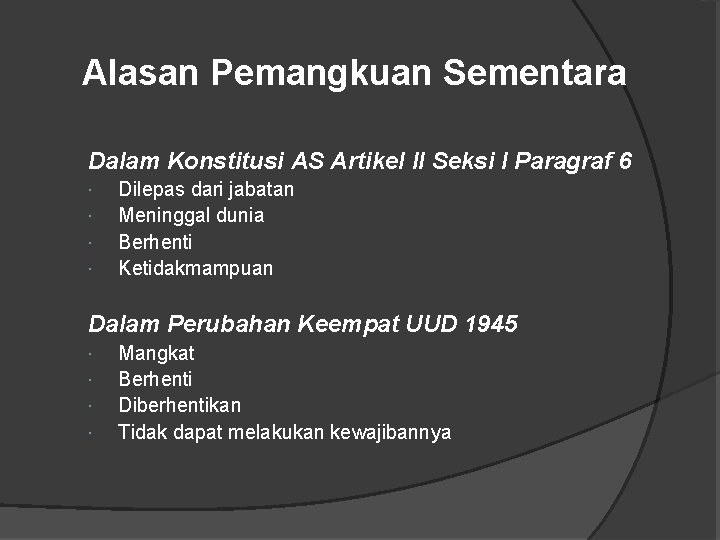 Alasan Pemangkuan Sementara Dalam Konstitusi AS Artikel II Seksi I Paragraf 6 Dilepas dari