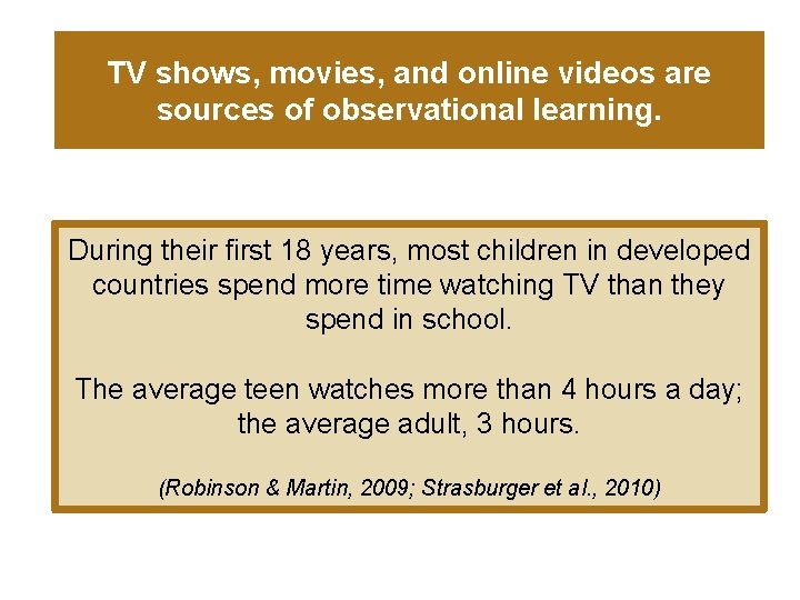 TV shows, movies, and online videos are sources of observational learning. During their first