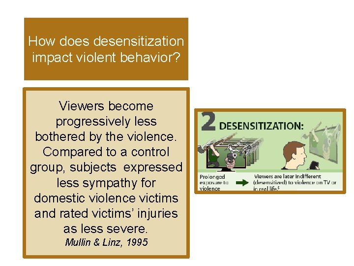 How does desensitization impact violent behavior? Viewers become progressively less bothered by the violence.