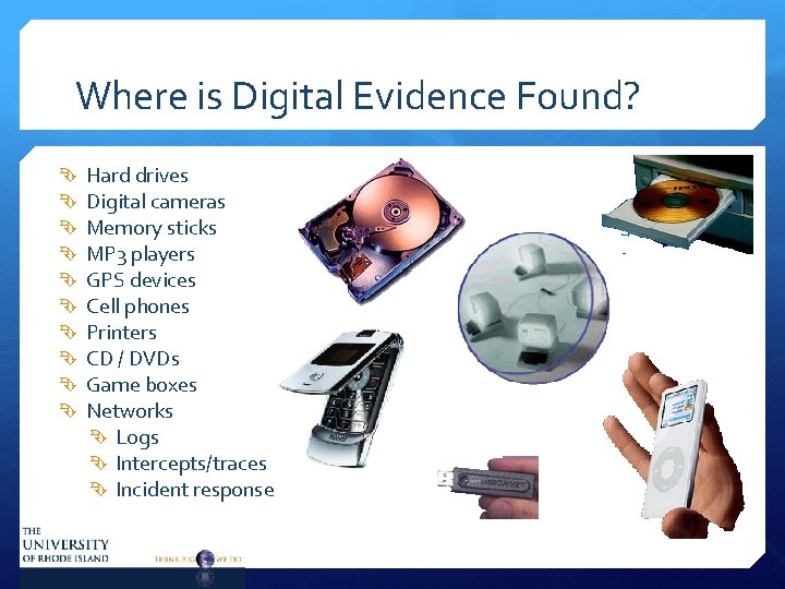Where is Digital Evidence Found? Hard drives Digital cameras Memory sticks MP 3 players