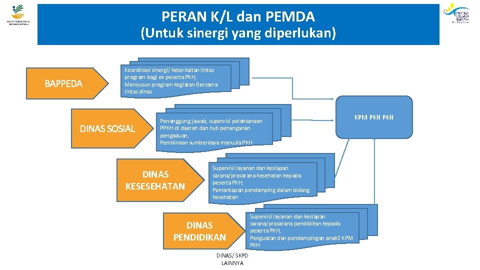 PERAN K/L dan PEMDA (Untuk sinergi yang diperlukan) BAPPEDA Koordinasi sinergi/ keterkaitan lintas program