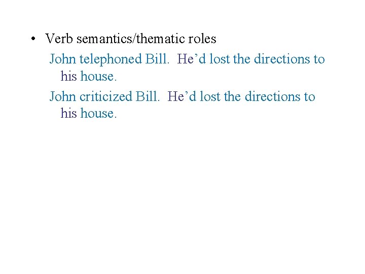  • Verb semantics/thematic roles John telephoned Bill. He’d lost the directions to his